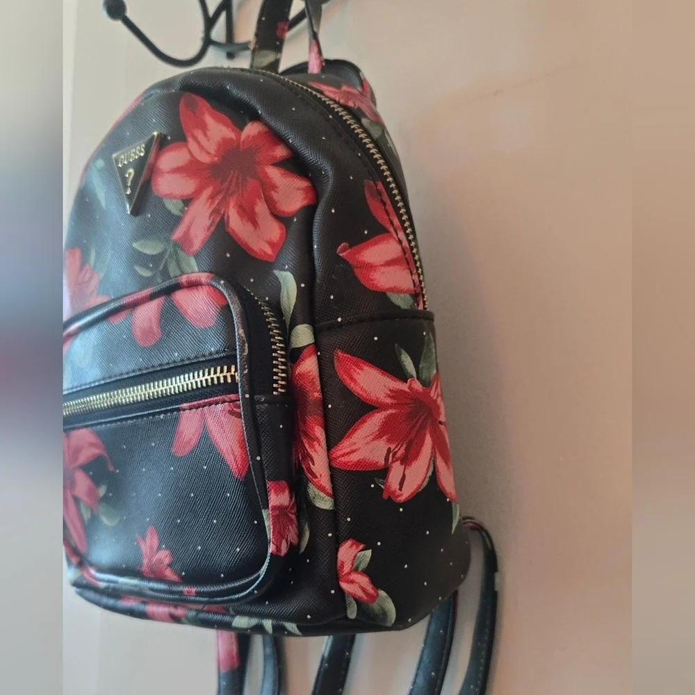 GUESS Black and Red Floral Backpack NWOT